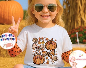 Coquette Bow Pumpkin Kids T-Shirt, Pumpkin Fall Toddler Sweatshirt, Pumpkin Season Baby Onesie®, Floral Thanksgiving Tee, Thanksgiving Gift