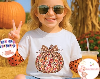 Coquette Bow Pumpkin Kids T-Shirt, Pumpkin Season Toddler Sweatshirt, Floral Pumpkin Baby Onesie®, Thanksgiving Pumpkin Tee, Fall Vibes Tee