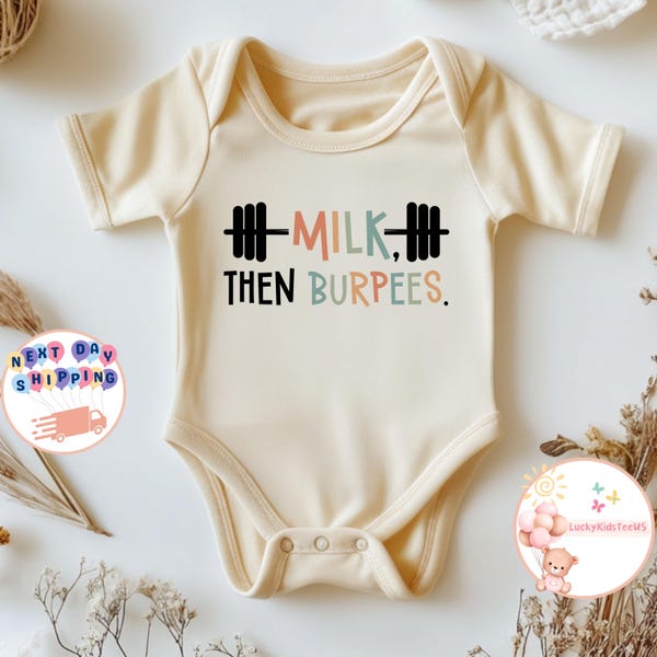 Milk Then Burpees Baby Onesie®, Funny Baby Bodysuit, Baby Shower Gift, Newborn Baby Onesie®, Cute Baby Outfit, Gym & Crossfit Baby Bodysuit