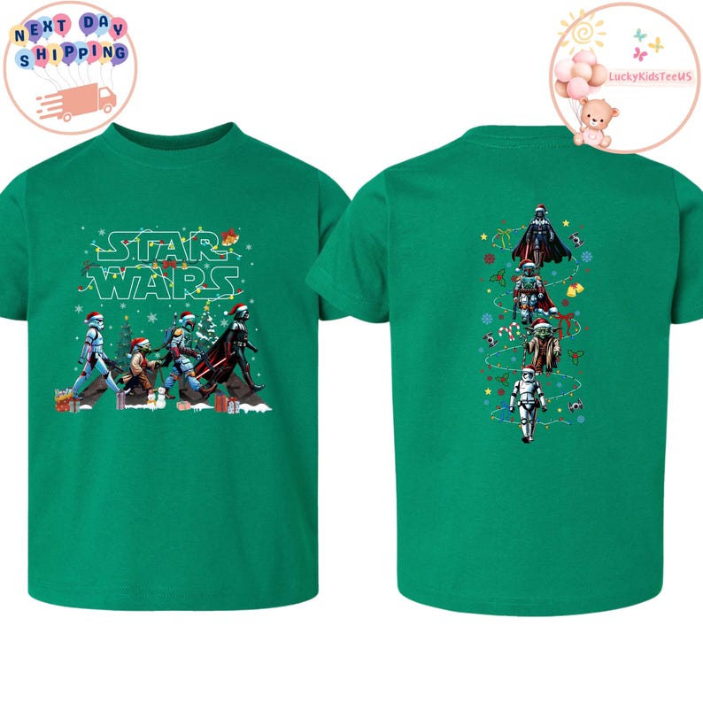 May include: Green t-shirt with a Star Wars Christmas design. The front shows characters wearing Santa hats, with "STAR WARS" text. The back features a vertical arrangement of characters with festive decorations.