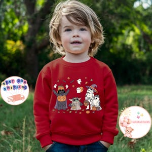 以下が含まれることがあります： ハロウィーンをテーマにしたスターウォーズのデザインが施された赤いスウェットシャツ。グラフィックには、カボチャの頭を持つダースベイダー、ベビーヨーダ、ストームトルーパー、幽霊が含まれています。デザインはコウモリと葉で囲まれています。