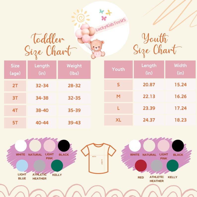 May include: A size chart for toddler and youth t-shirts. The toddler chart includes sizes 2T to 5T, with length and weight measurements in inches and pounds. The youth chart lists sizes S to XL, with length and width measurements in inches. Color swatches are also shown.