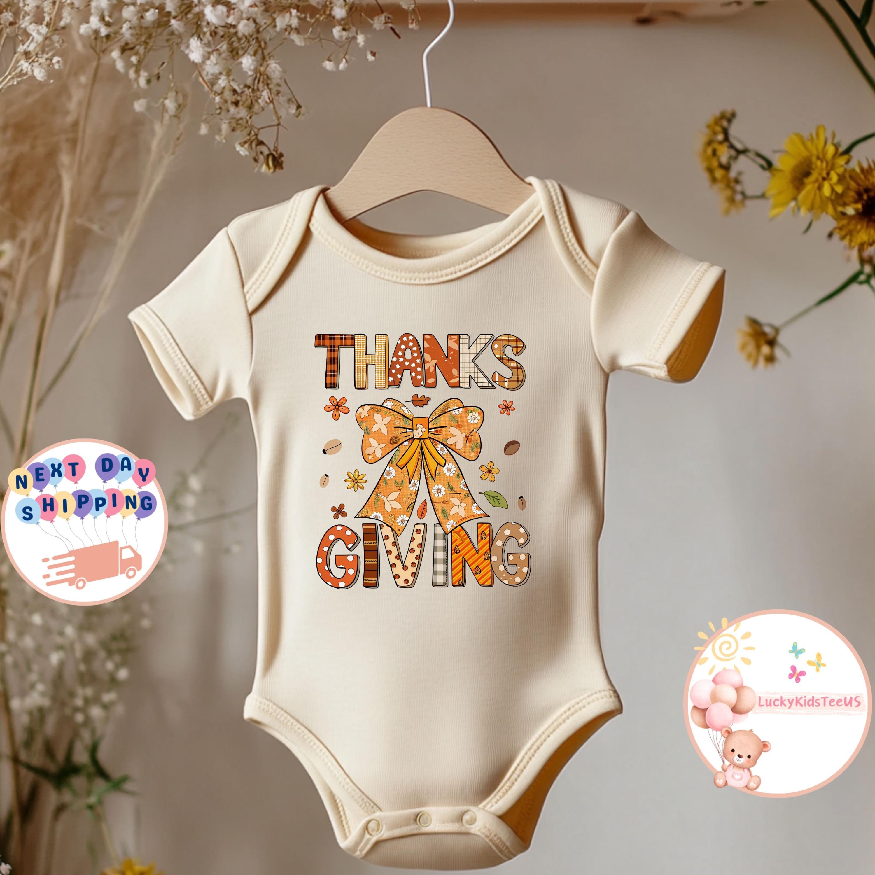 Coquette Thanksgiving Bow  Baby Onesie®,  Autumn Season Kids T-Shirt, Thanksgiving Toddler Sweatshirt, Kids Thankful Shirt, Floral Bow Tee