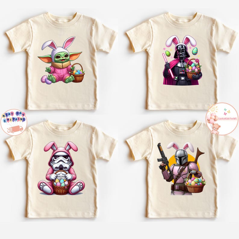 May include: Four cream colored t-shirts with different Star Wars characters wearing bunny ears and holding baskets of Easter eggs. The characters are Yoda, Darth Vader, Stormtrooper, and The Mandalorian.