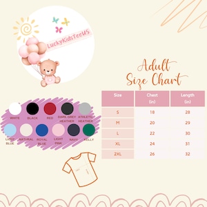 May include: An image featuring a size chart for adult t-shirts, with chest and length measurements in inches. The chart includes sizes S to 2XL. Color options are listed, including white, black, red, and navy.