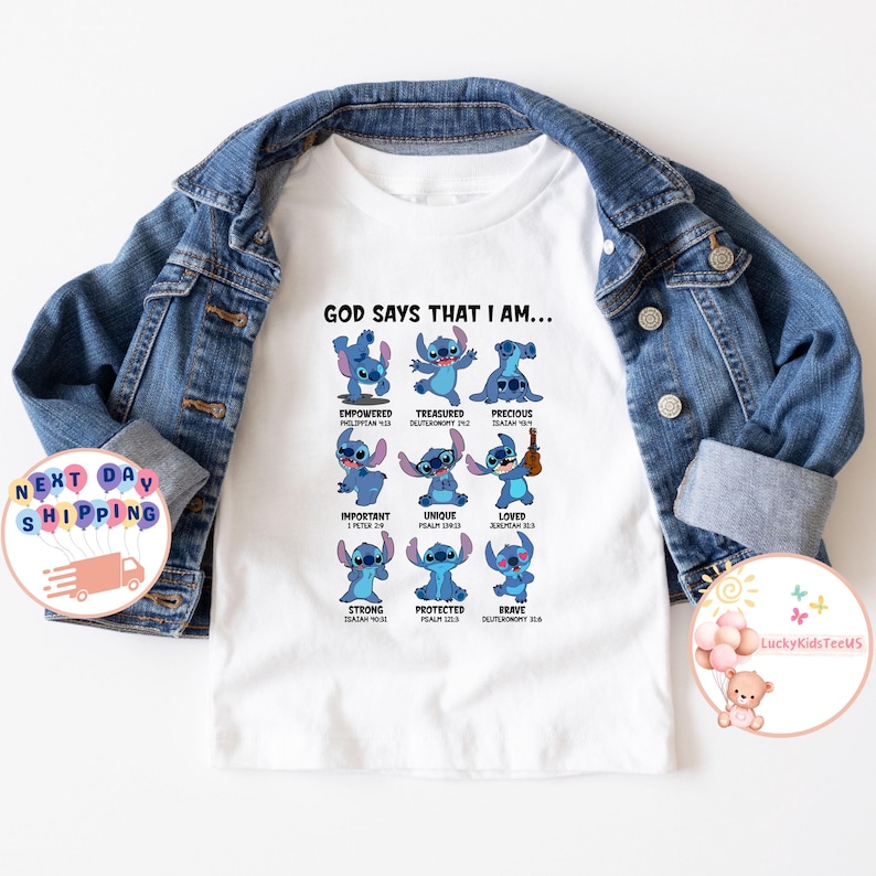 May include: White t-shirt with a blue Stitch character from the Disney movie Lilo & Stitch. The shirt features the text "God says that I am..." and lists several positive affirmations with corresponding Bible verses.