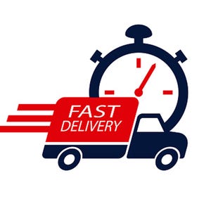 Pode incluir: Um caminhão vermelho com as palavras "FAST DELIVERY" no lado, passando a toda velocidade por um cronômetro azul com um mostrador branco e ponteiros pretos.