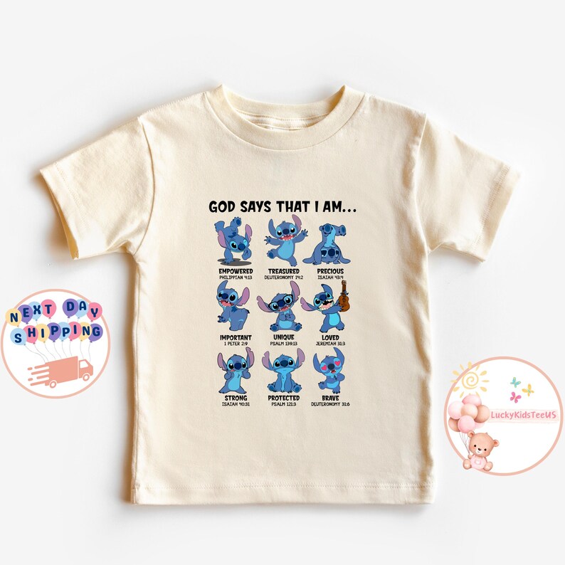 May include: A light beige t-shirt with a blue Stitch character from the Disney movie Lilo & Stitch. The shirt has the text "God says that I am..." with a list of positive affirmations and bible verses.
