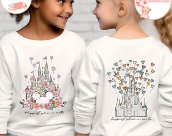 Happiest Place on Earth Toddler Sweatshirt, Disney Castle Floral Kids Shirt, Mickey Sweatshirt, Disneyland Trip Baby Bodysuit, Disney Family