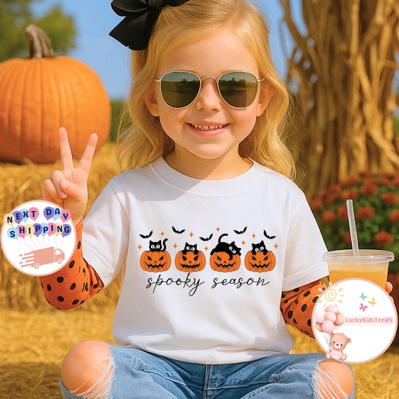 Spooky Season Kids T-Shirt, Pumpkin And Black Cat Toddler Sweatshirt, Spooky Pumpkin Baby Onesie®, Halloween Pumpkin Tee, Spooky Cat Shirt