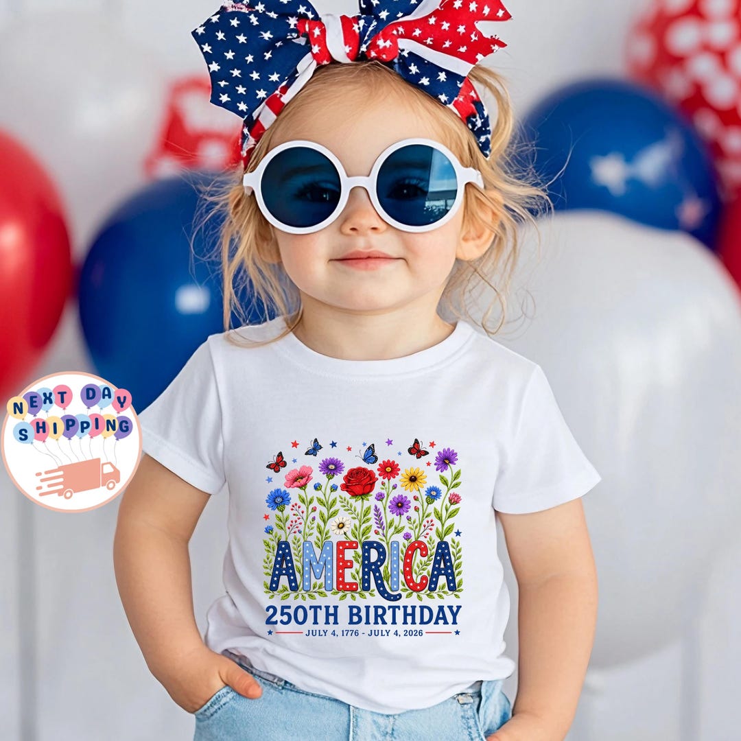 Floral America 250th Birthday Kids T-shirt, 4th of July 1776-2026