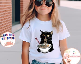 Noodle Cat Kids T-Shirt, Ramen Black Cat Toddler Sweatshirt, Cat Lover Baby Bodysuit, Funny Black Cat Shirt, Kids Cat Shirt, Cat Owner Tee
