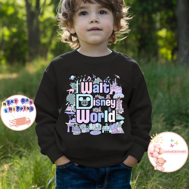May include: A black sweatshirt with a colorful graphic print of the Walt Disney World logo and various attractions. The text "Walt Disney World" is printed in pink and blue.