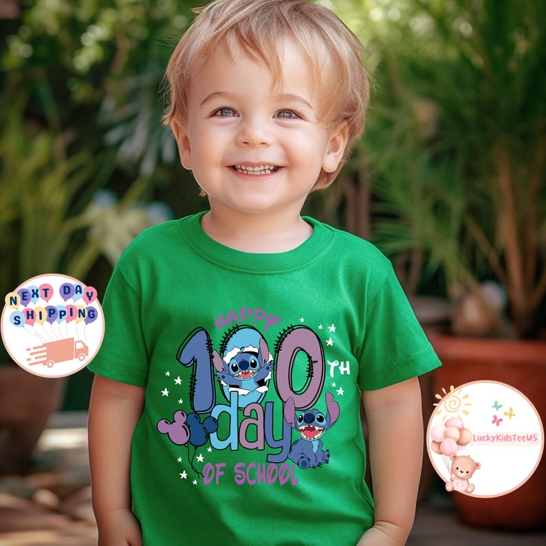 May include: A green t-shirt with a blue Stitch character from Disney's Lilo & Stitch. The shirt says "Happy 100th Day of School" with a purple and pink design.