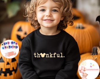 Mickey Head Thankful Toddler Sweatshirt, Disney Thanksgiving Kids T-Shirt, Happy Thanksgiving Baby Onesie®, Mickey Thanksgiving Shirt