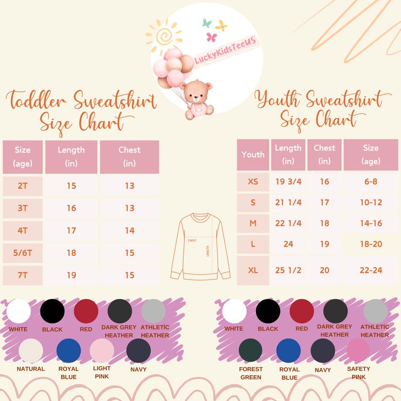 May include: Size charts for toddler and youth sweatshirts. The toddler chart includes sizes 2T to 7T, with length measurements from 15 to 19 inches and chest measurements from 13 to 15 inches. The youth chart includes sizes XS to XL, with length measurements from 19 3/4 to 25 1/2 inches and chest measurements from 16 to 20 inches.