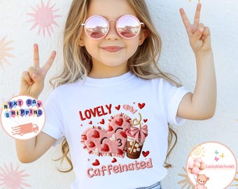 Faux Yarn Lovely And Caffeinated Kids T-Shirt, Valentine Heart Toddler Sweatshirt, Coquette Valentine Shirt, Coffee Lover Valentine Gift