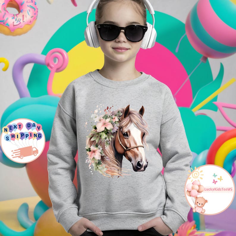 May include: A gray sweatshirt featuring a watercolor illustration of a horse's head adorned with pink flowers and flowing mane. The horse has a brown bridle. The sweatshirt has a crew neck and long sleeves. The image also includes the text "Next Day Shipping".