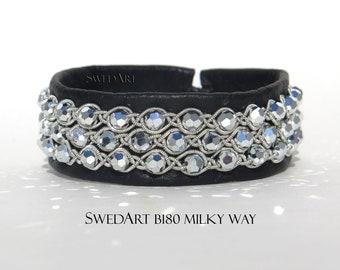 SwedArt B180 SMALL Milky Way, Swedish Sami Reindeer Leather Swarovski Silver Crystals Black