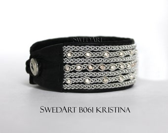 SwedArt B61 LARGE Reduced, Kristina Reindeer Leather Bracelet-Handmade Faceted Solid Silver Cubes-Pewter Braid and Button-Black 1 1/8" Wide