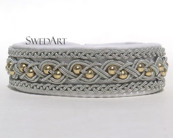 SwedArt B181 LARGE Kulta Swedish Sami Leather Bracelet with 14K Gold-Filled Beads and Reindeer Antler Button White