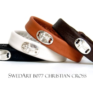 SwedArt B77 SMALL Christian Cross  Unique Reindeer Leather Sami Bracelet Sterling Silver Medallion Pewter Button  Dark Brown