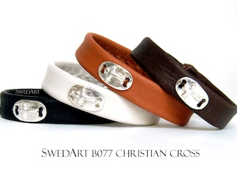 SwedArt B77 SMALL Christian Cross  Unique Reindeer Leather Sami Bracelet Sterling Silver Medallion Pewter Button  Dark Brown