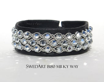 SwedArt B180 MEDIUM Milky Way, Swedish Sami Reindeer Leather Swarovski Silver Crystals Black