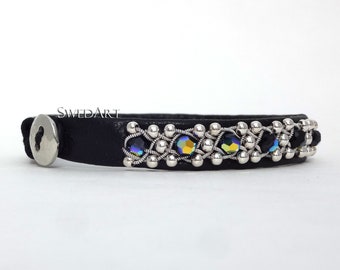 SwedArt B100 MEDIUM Glittertind Sami Leather Bracelet w Swarovski Crystals and Sterling Silver Beads in Pewter Braid, Pewter Button Black