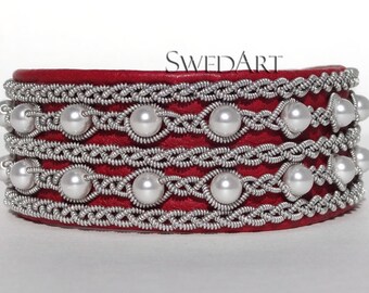 SwedArt B90 SMALL Reduced, Victoria Swedish Sami Leather Bracelet with Pearls-Pewter/Silver Braid, Reindeer Antler Button Red