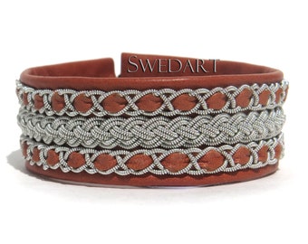 SwedArt B51 XS Niklas Lapland Bracelet Worn by Sheryl Crow Reindeer Leather Pewter and Silver Braids Reindeer Antler Button, Tan