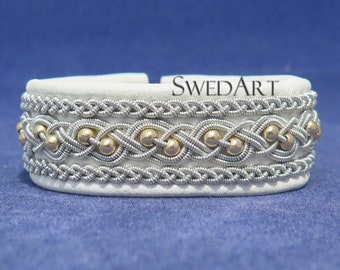 SwedArt B181 SMALL Kulta Swedish Sami Leather Bracelet with 14K Gold-Filled Beads and Reindeer Antler Button White