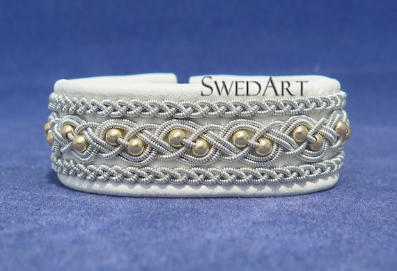 SwedArt B21-G MEDIUM Snowball Gold Lapland Leather Bracelet 14K Gold-Filled Beads and Antler Button Dark Brown