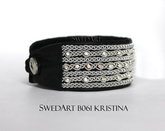 SwedArt B61 XXS Reduced, Kristina Reindeer Leather Bracelet-Handmade Faceted Solid Silver Cubes-Pewter Braid and Button-Black 1 1/8" Wide