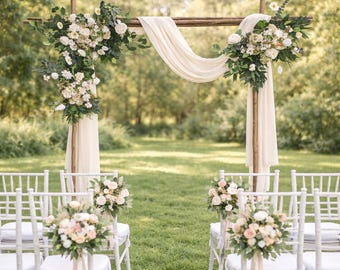 Rustic Wedding Arch Swag, Greenery Eucalyptus White Rose Arrangement, Ceremony Backdrop