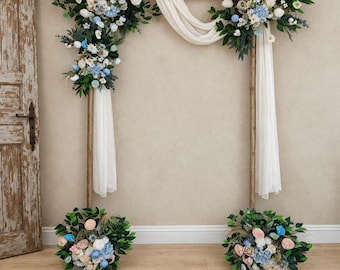 Blue Peony Rose Wedding Arch Arrangement – Light Blue White Floral Decor