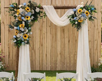 Sunflower and Gala Flower Wedding Arch Arrangement: Blue Peonies, Ivory-Colored Decorations
