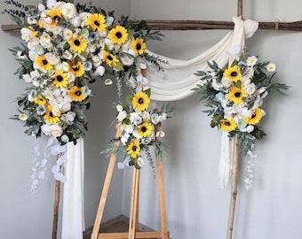 Arco de boda con girasoles blancos y amapolas azules, guirnalda rústica de flores para arco de boda, arco de flores de otoño, arco de flores azul marino, guirnalda para iglesia
