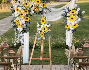 Flores de girasol y rosa marfil para arco de boda, decoración rústica para pérgola de boda, follaje para arco de ceremonia, decoración de boda