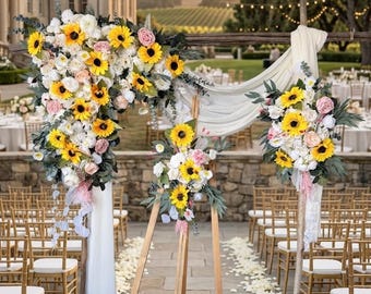 Flores de girasol y rosa rosa para arco de boda, decoración rústica para pérgola de boda, guirnalda floral amarilla y rosa, follaje para arco de ceremonia, decoración de boda