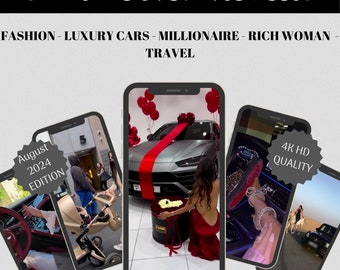 May include: A collage of images showcasing a luxurious lifestyle. The images include a red sports car with a red ribbon, a woman in a red dress, a person driving a car, a baby stroller, and a person riding a horse.