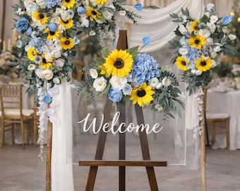 Arco de boda con girasoles y amapolas azules, guirnalda rústica de flores para arco de boda, decoración de arco azul marino empolvado, flores para arco de otoño