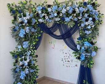 Arco floral de rosas azul empolvado y negro para bodas, telón de fondo para bodas, decoración de gran rincón para bodas.