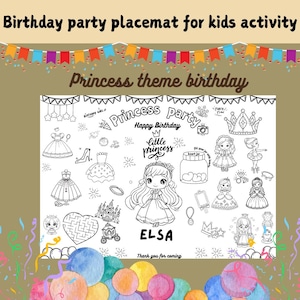 Princess theme birthday placemat for kids activity/ printable placemat princess themed/ kids birthday activities/ coloring sheets