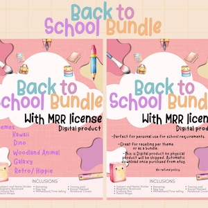 Può includere: Due pubblicità di prodotti digitali per un "Back to School Bundle" con licenza MRR. Il design presenta tonalità rosa pastello e viola, illustrazioni di materiale scolastico e il testo "Back to School Bundle" in un carattere stravagante. I temi includono Kawaii, Dino e Retro/Hippie.