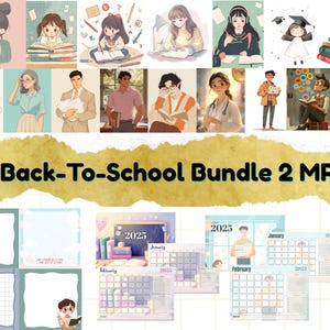 Può includere: Un pacchetto di arte digitale con illustrazioni di studenti, insegnanti e calendari. Il testo "Back-To-School Bundle 2 MRR" è visualizzato su uno sfondo giallo. Sono inclusi anche calendari per il 2025, con mesi come gennaio e febbraio visibili.