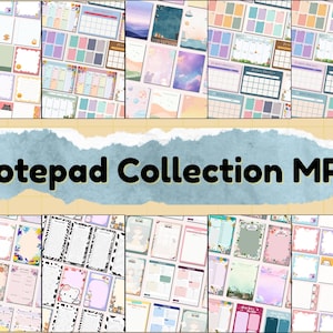 May include: A collection of notepads with various designs, including calendars, to-do lists, and decorative elements. The notepads feature pastel colors, floral patterns, and cute illustrations. The text "Notepad Collection MRR" is displayed across the center.