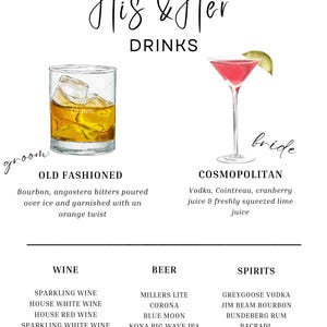 Wedding Signature Drinks Sign, Printable Cocktail Bar Menu Template, Download Template, Customize Sign