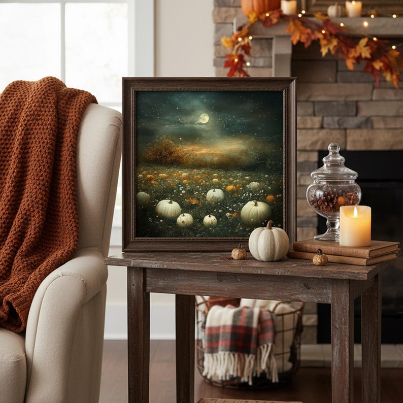 Moonlit Pumpkin Patch Wall Art | Enchanted Fall Harvest | White ...