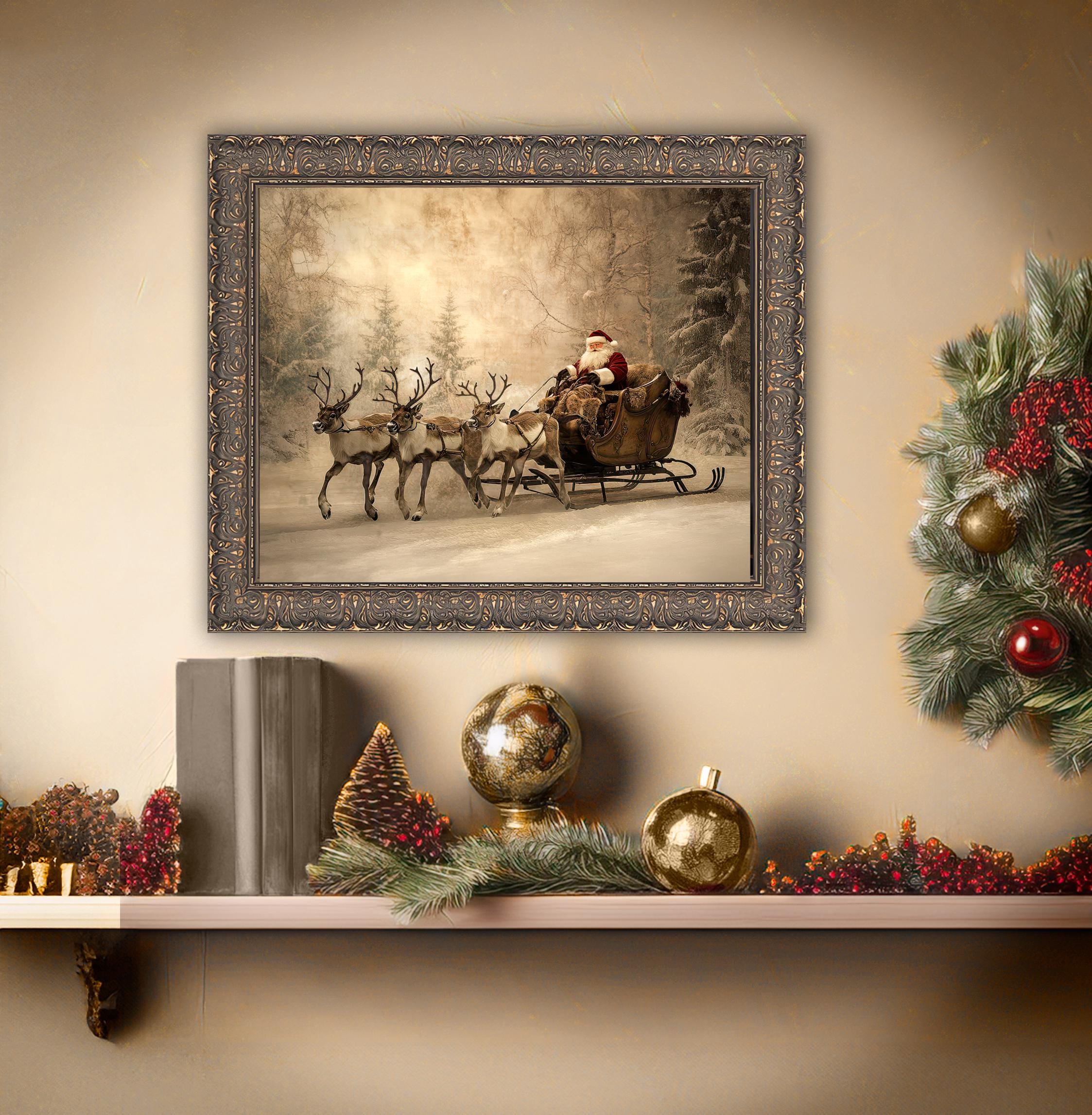 Santa Sleigh Wall Art | Vintage Christmas Print | Holiday Decor for ...